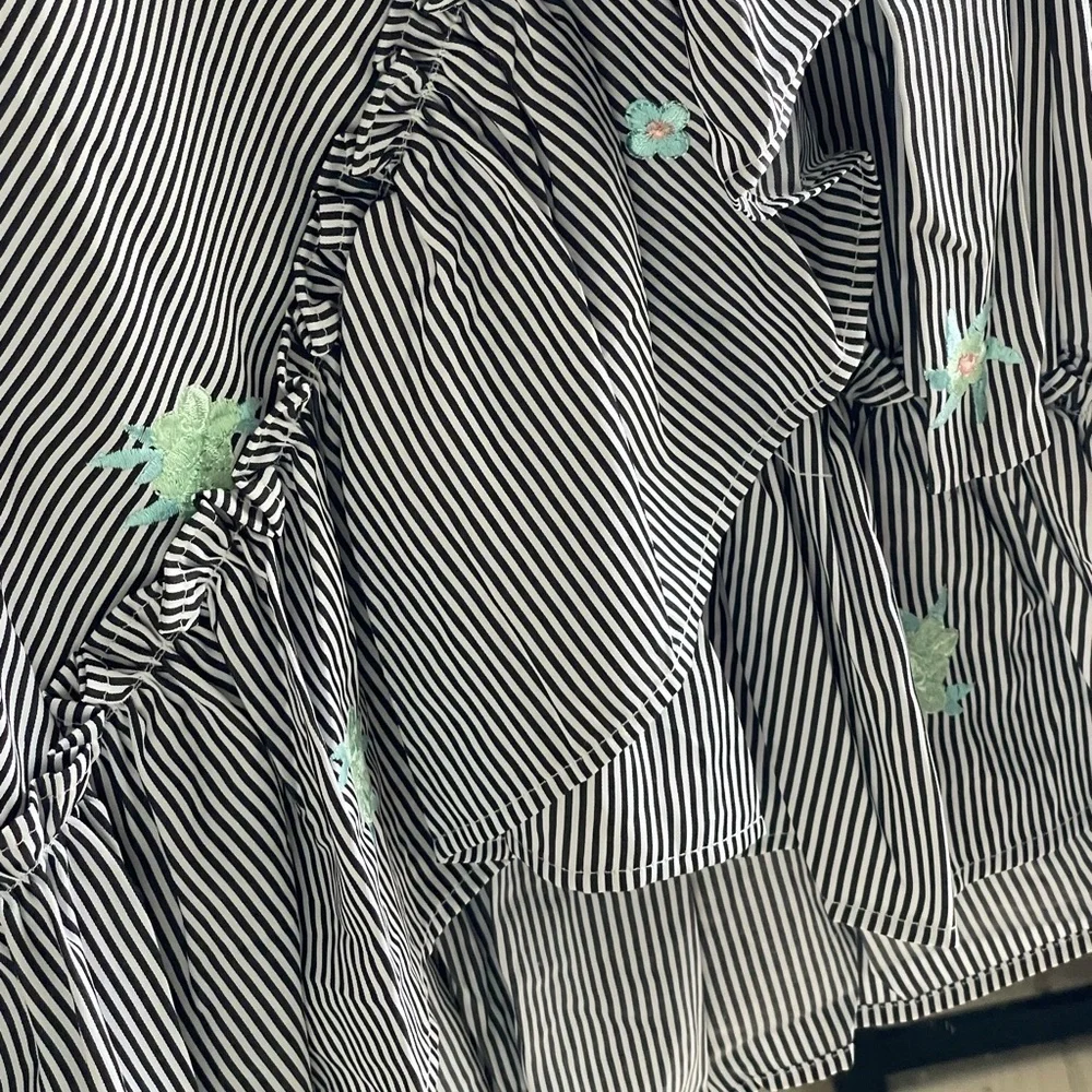 Dance & Marvel Floral Embroidered Black and White Striped Ruffle Wrap Skirt